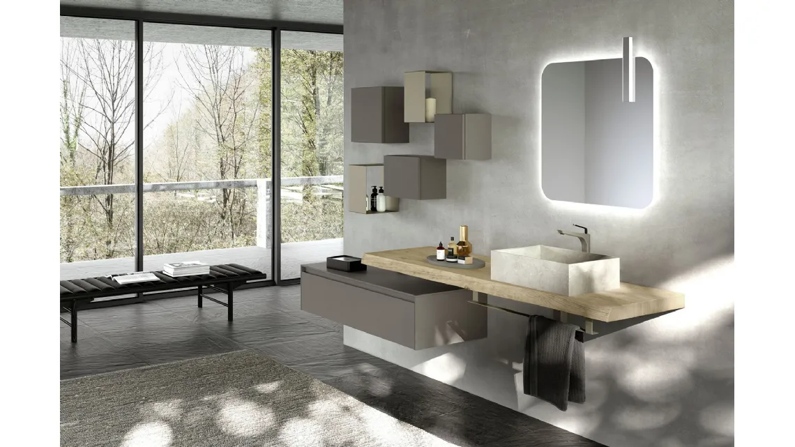 Mobile da Bagno sospeso in laccato opaco con top in Rovere corteccia e lavabo in gres Lime 2|0 Comp 002 di Azzurra